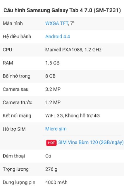 Máy tính bảng Samsung galaxy tab 4 7.0 (T231) | WebRaoVat - webraovat.net.vn