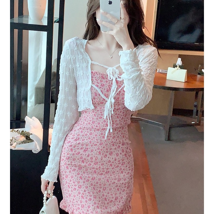 [Sẵn từ S - XL] Áo khoác voan đũi hoa form ngắn tay dài thắt dây - đi tiệc - đi biển - dạo phố - văn phòng