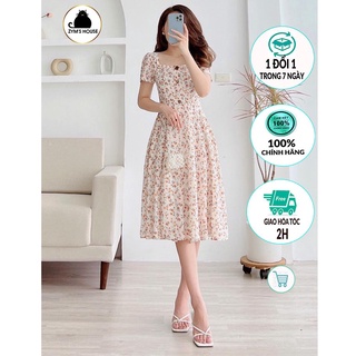 Váy xòe cổ vuông cúc gỗ họa tiết hoa nhí ZYM'S HOUSE K1588, K1589, K1590