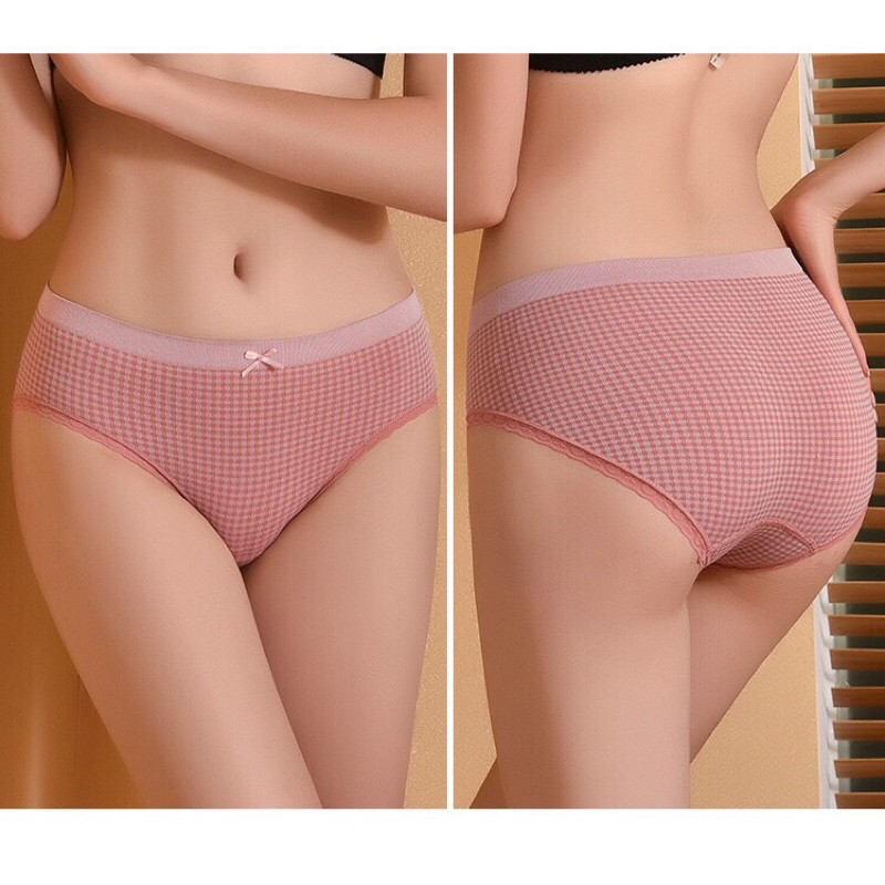 Quần Lót Cotton Co Giãn 4 Chiều Kẻ Caro Viền Ren Dễ Thương 555