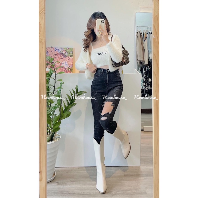 Set áo hai dây len lông kèm áo khoác cadigan