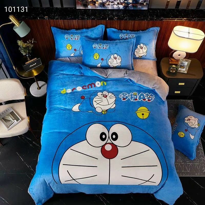 Bộ Chăn Ga Gối Nỉ Nhung Hizun Hoạt Hình Mẫu Doreamon