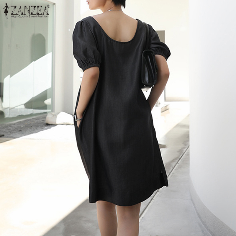 Đầm Midi ZANZEA Dáng Rộng Với Tay Phồng Kiểu Ngắn Màu Trơn Cá Tính Cho Nữ