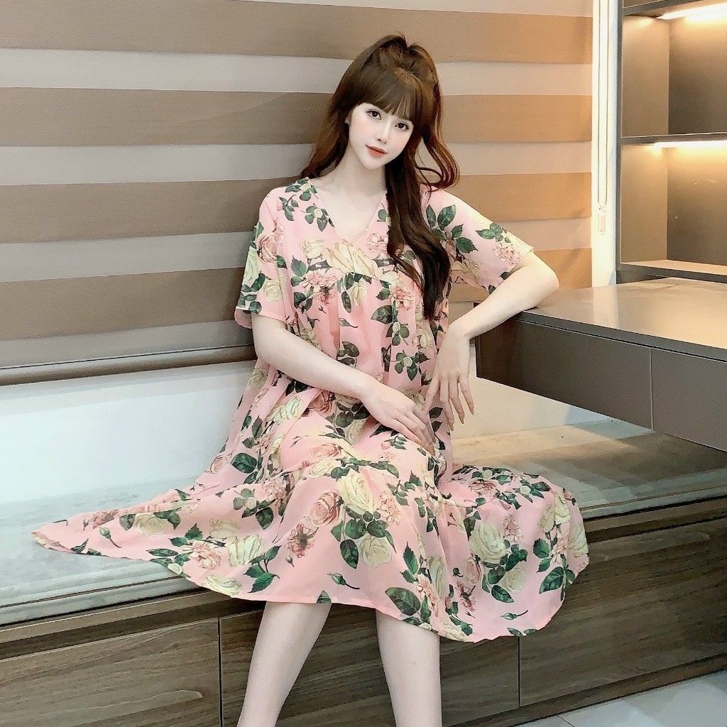 Váy bầu ngắn tay voan hoa thời trang thiết kế M512 Mom and Baby