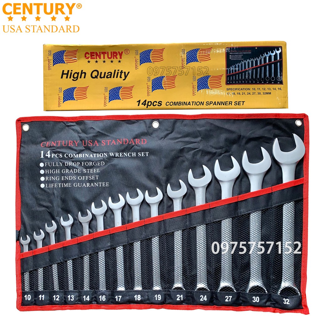 ⚜️FREESHIP⚜️ Bộ cờ lê CENTURY USA STANDARD 14 chi tiết 10-32mm (Vòng miệng - Đầu tròng) - Hàng chính hãng