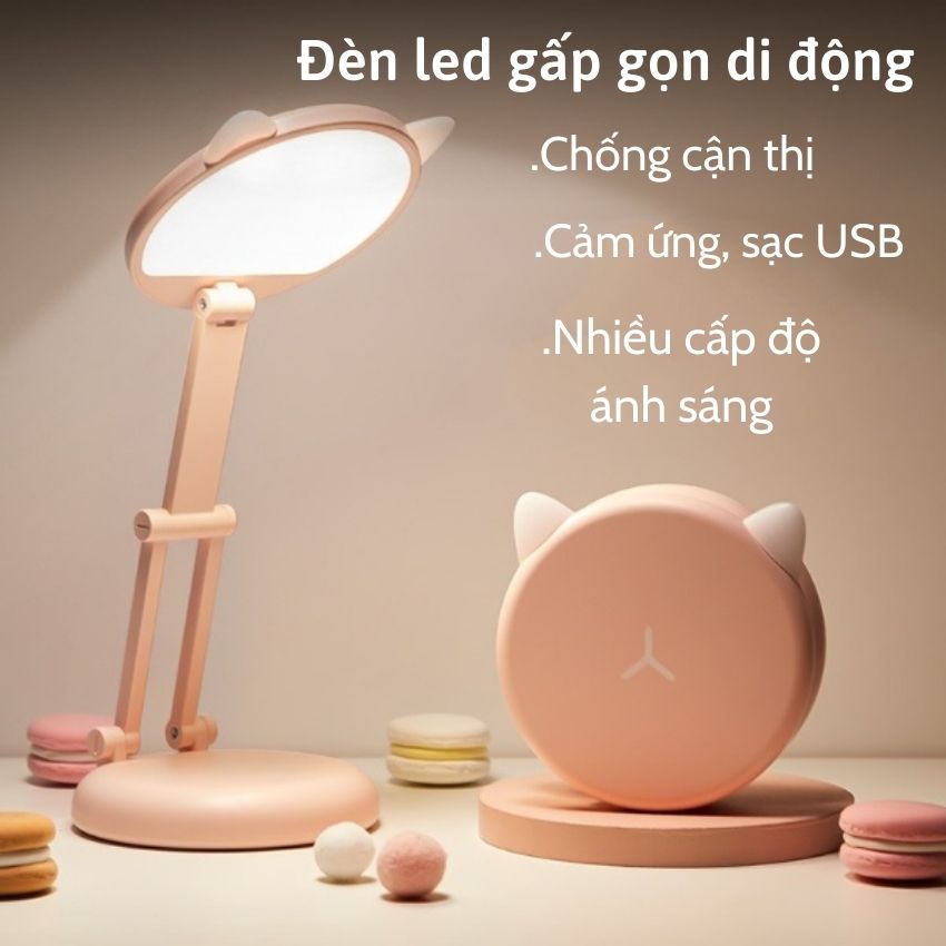 Đèn Led Để Bàn Chống Cận Hình Mèo Gấp Gọn, Màu Hồng, Di Động, Cảm Ứng, Sạc USB. Đèn Học Sinh, Phòng Ngủ, Trang Trí.