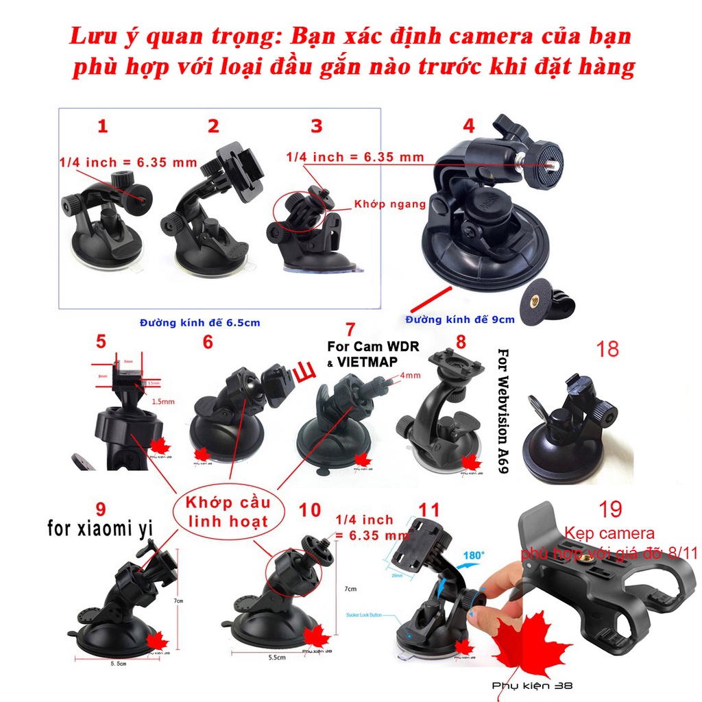 Giá đỡ camera gắn kính ô tô, đế camera hành trình ô tô dùng cho camera hành trình Xiaomi Yi, GoPro, Sjcam, thiết bị GP