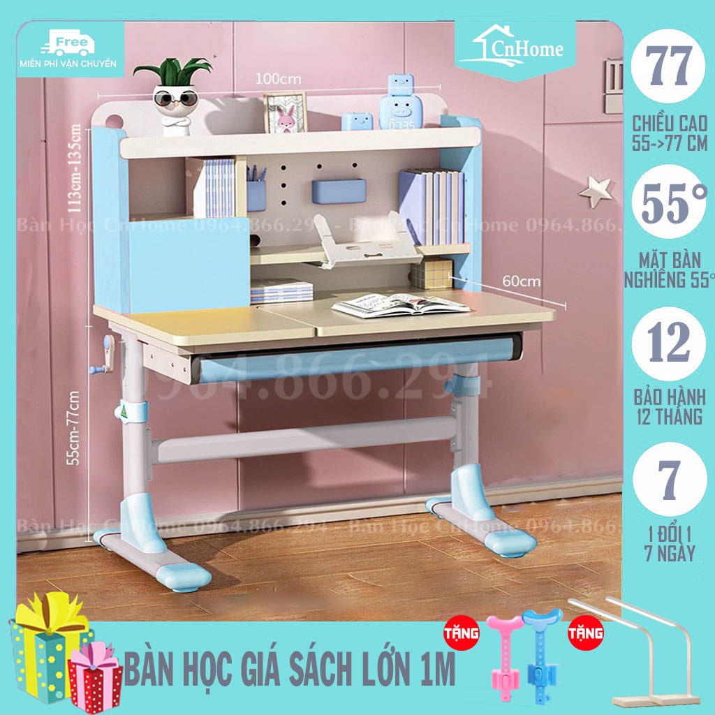 Bàn học chống gù chống cận thông minh cho bé CnHome 1M 🎁𝑭𝑹𝑬𝑬𝑺𝑯𝑰𝑷🎁tay quay nâng hạ chiều cao,nghiêng mặt bàn bằng pittong