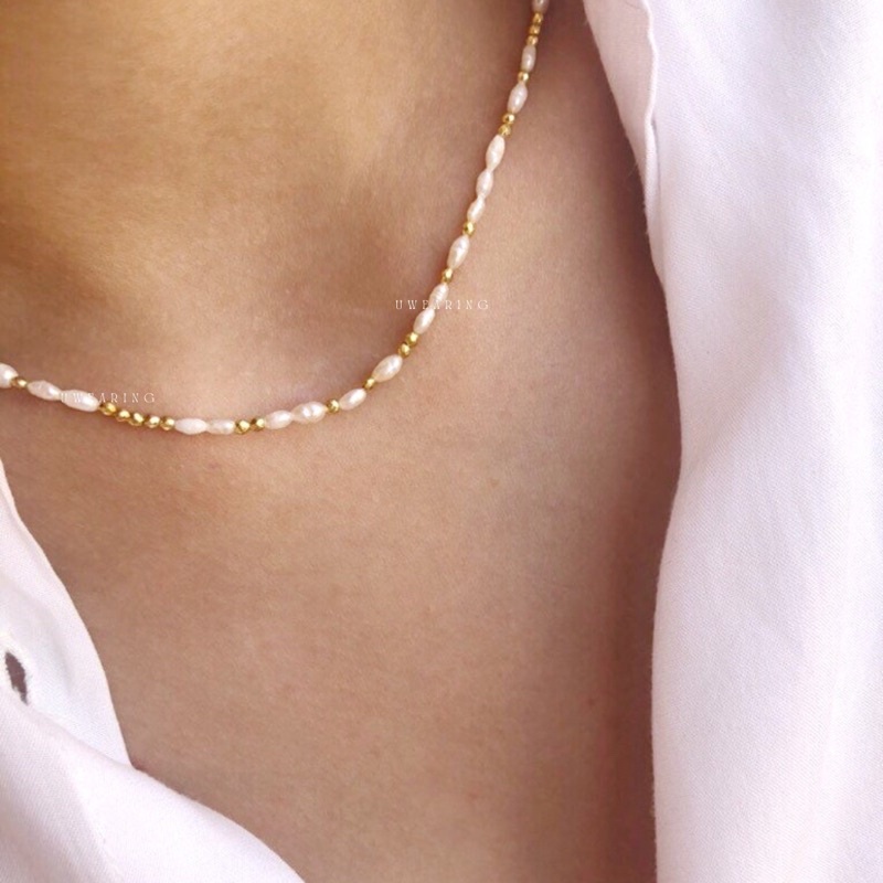 Vòng cổ UW hạt ngọc hình lúa phối golden phong cách vintage thanh lịch nhẹ nhàng cho nữ