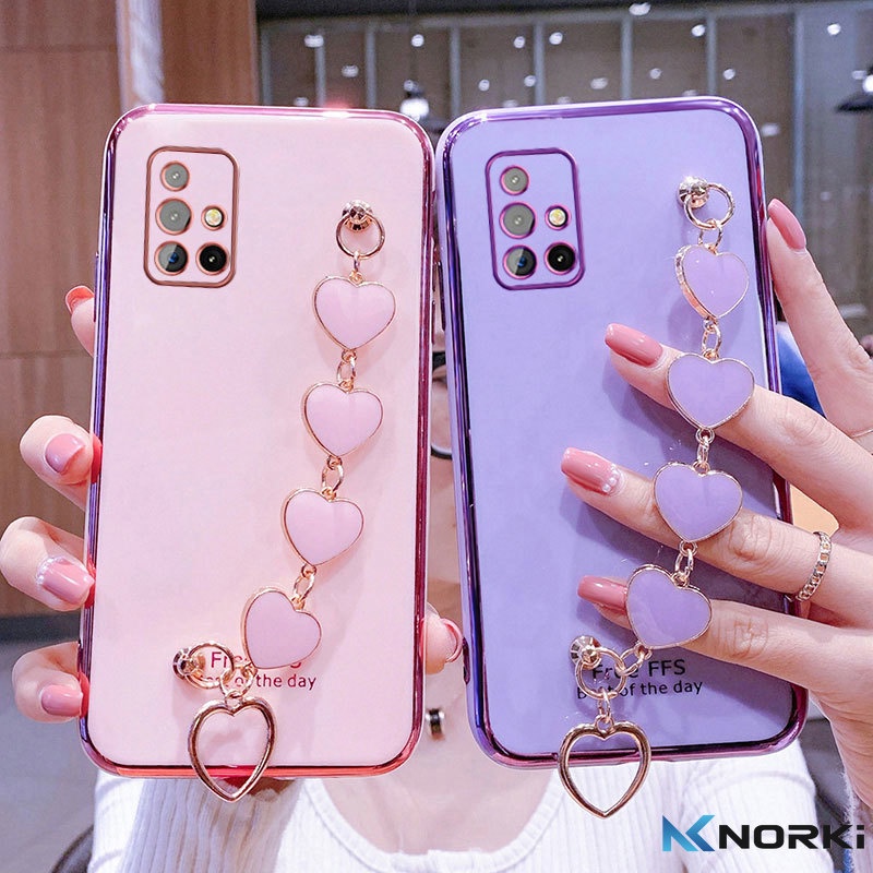 Ốp Điện Thoại Silicon Mềm Mạ Hình Trái Tim Có Dây Đeo Cho Samsung Galaxy A11 A21 A21S A31 A51 A71 4G 5G M11 M31 M51