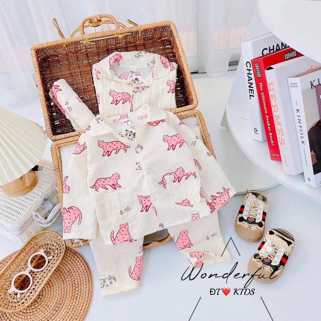 Bộ Pizama Chất Đũi Xốp Thấm Hút Mồ Hôi Cho Bé, Bộ Pijama hình beo 5 màu cho bé