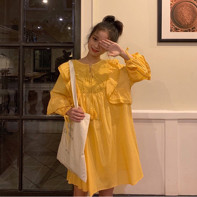 Đầm babydoll tay dài midi Emilyshop ulzzang