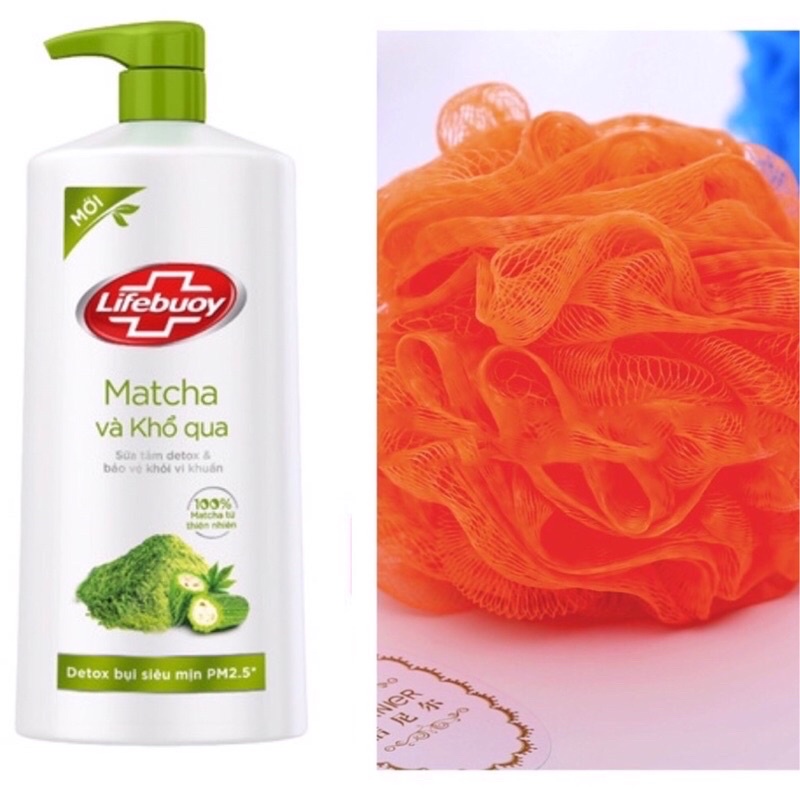 Bộ Sữa tắm detox diệt khuẩn Lifebuoy Matcha khổ qua 850g tặng bông tắm cao cấp