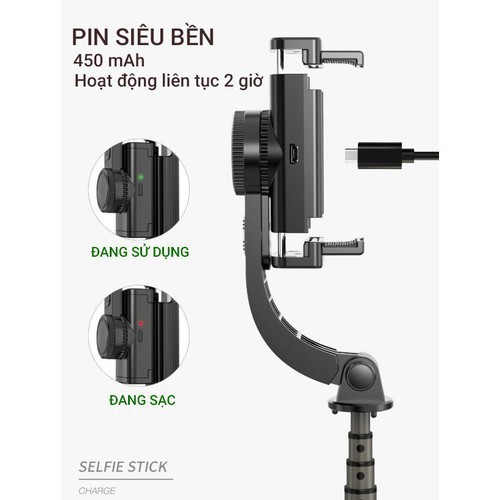 Gậy Tự Sướng, Gậy Selfie, Chụp Hình Chống Rung Gimbal, Kết Nối Bluetooth, Kèm Chân Đỡ Tự Đứng Dài 86cm