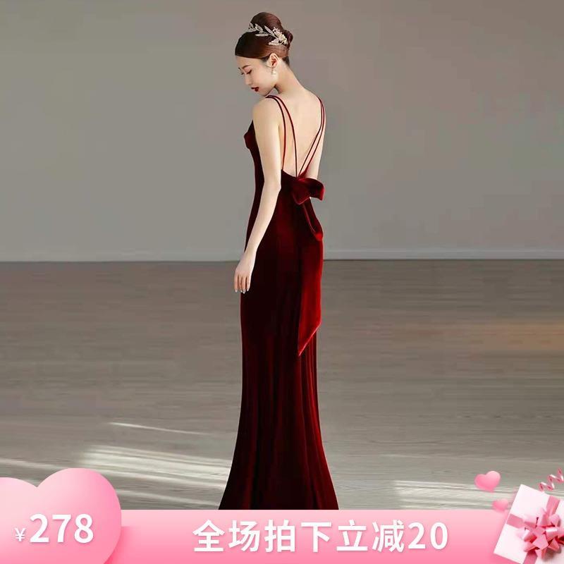 Đầm Cưới Đuôi Cá Hai Dây Màu Đỏ Rượu Phong Cách Mới 2022