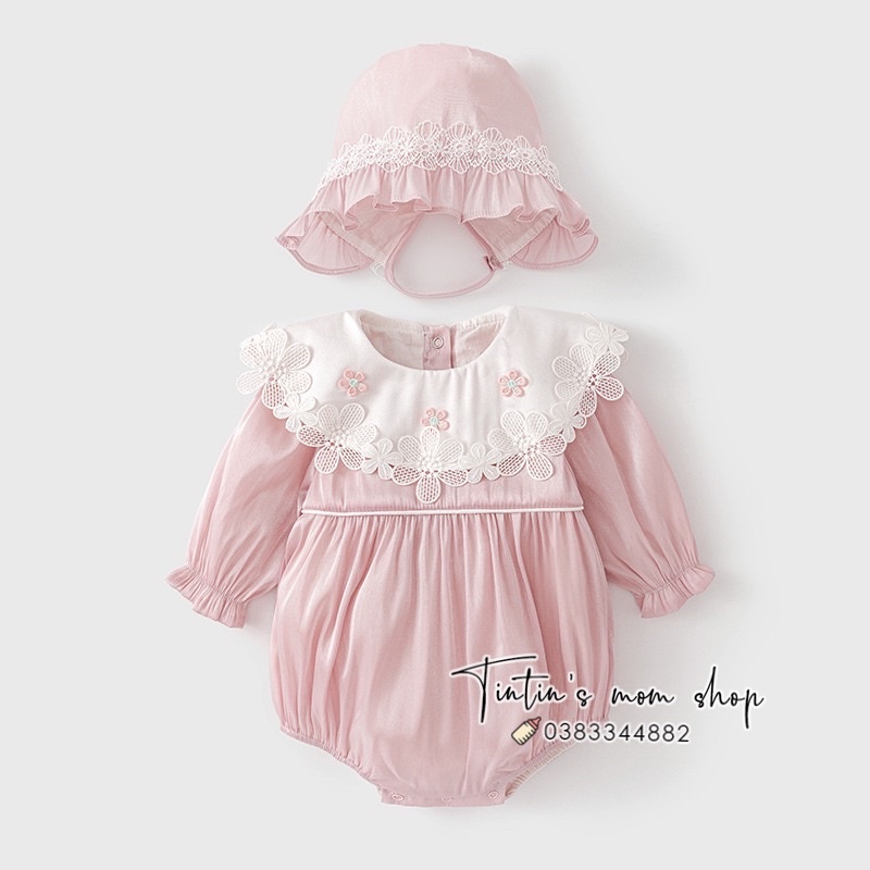 Sét body chíp đầy tháng/ thôi nôi dài tay cổ ren hoa kèm mũ Vlinder cho bé gái