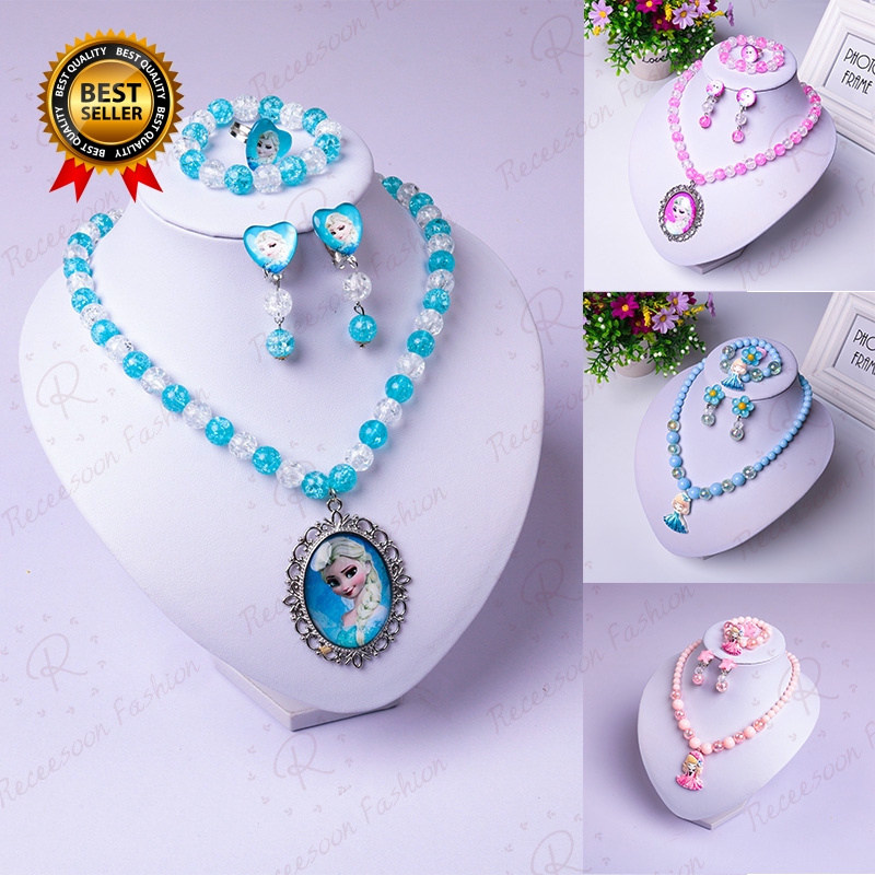 Bộ 5 vòng tay + khuyên tai + dây chuyền + nhẫn kiểu công chúa Elsa cho bé gái