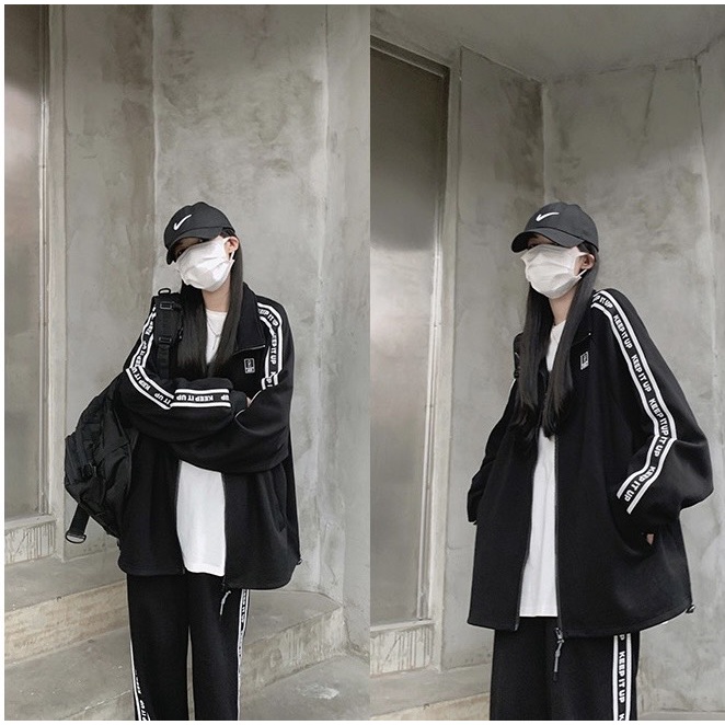 Bộ thể thao nỉ sọc chữ KA Closet chất nỉ bông dầy, chốt điều chỉnh, túi bổ cơi from 65kg, nam nữ mặc được