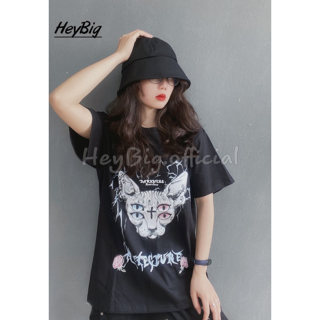 Áo thun oversize HeyBig in hình mèo âm dương phong cách cá tính
