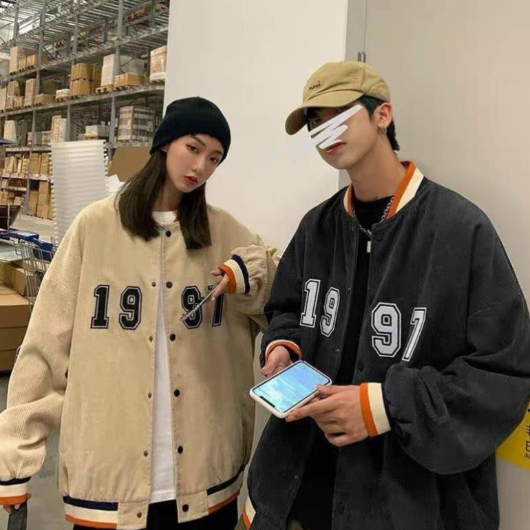 Áo khoác bomber kaki nhung bóng chày unisex form rộng 1997 nam nữ bao đẹp của năm