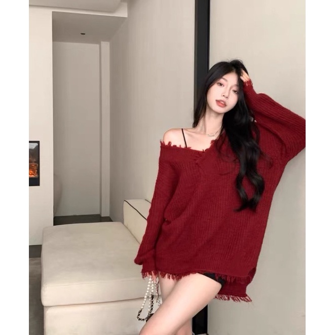 Áo len nữ cổ chữ V màu đỏ cực xinh phong cách ulzzang Hàn Quốc