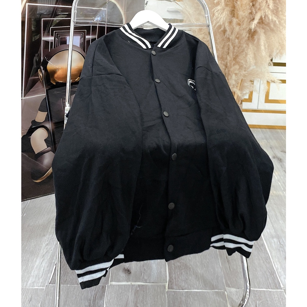 Khoác Bomber Unisex Nam Nữ Thêu Ngực Cậu Bé Dáng Rộng Viền Cỏ Tay Bồng Basic