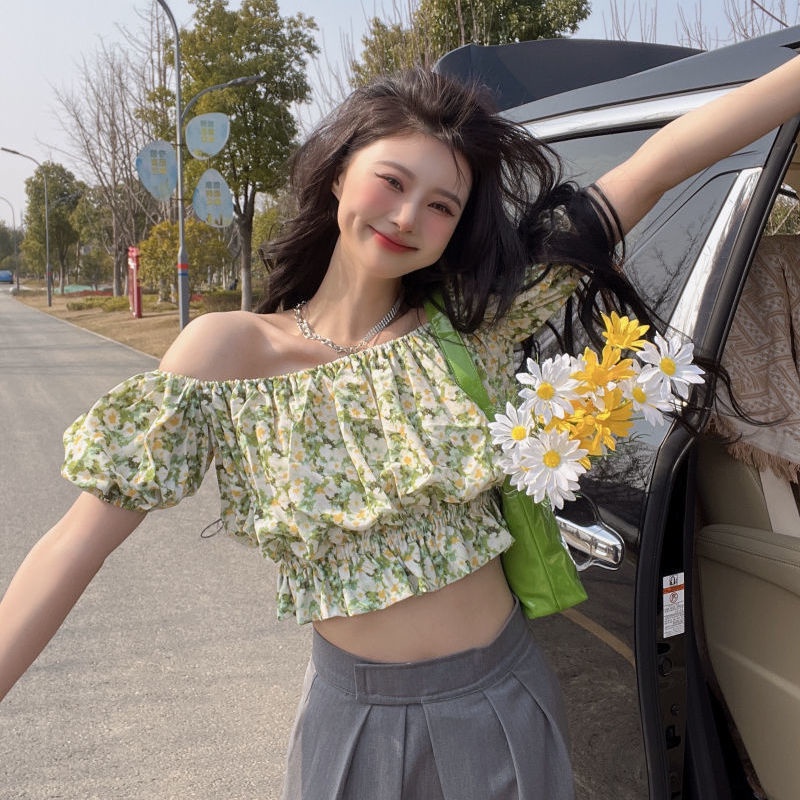 Áo Trễ Vai Họa Tiết Hoa Phong Cách Vintage Cho Nữ