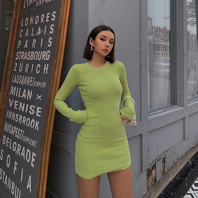 Đầm tay dài cổ tròn thiết kế ôm dáng phong cách Âu Mỹ 2021 quyến rũ thời trang dành cho nữ