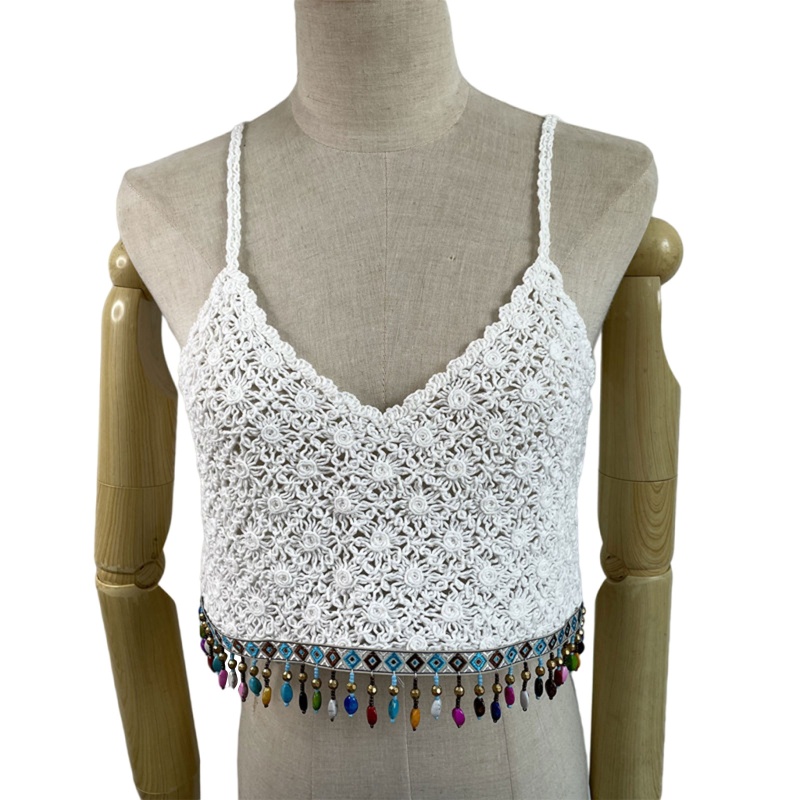 Brroa Áo Croptop Dệt Kim Hai Dây Cổ Chữ V Màu Trơn Họa Tiết Hoa Cúc Nhiều Màu Sắc Phong Cách Dân Tộc Cho Nữ