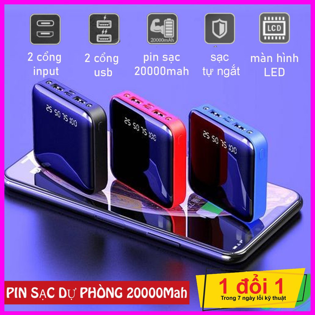 [PIN 20000MAH] SẠC NHANH - SẠC DỰ PHÒNG MẶT GƯƠNG ĐEN LCD CAO CẤP - 2 CỔNG SẠC CỰC NHANH, ĐÈN PIN SIÊU SÁNG