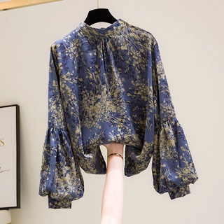 Áo sơ mi chiffon tay dài phồng cổ đứng in họa tiết hoa cổ điển dành cho nữ