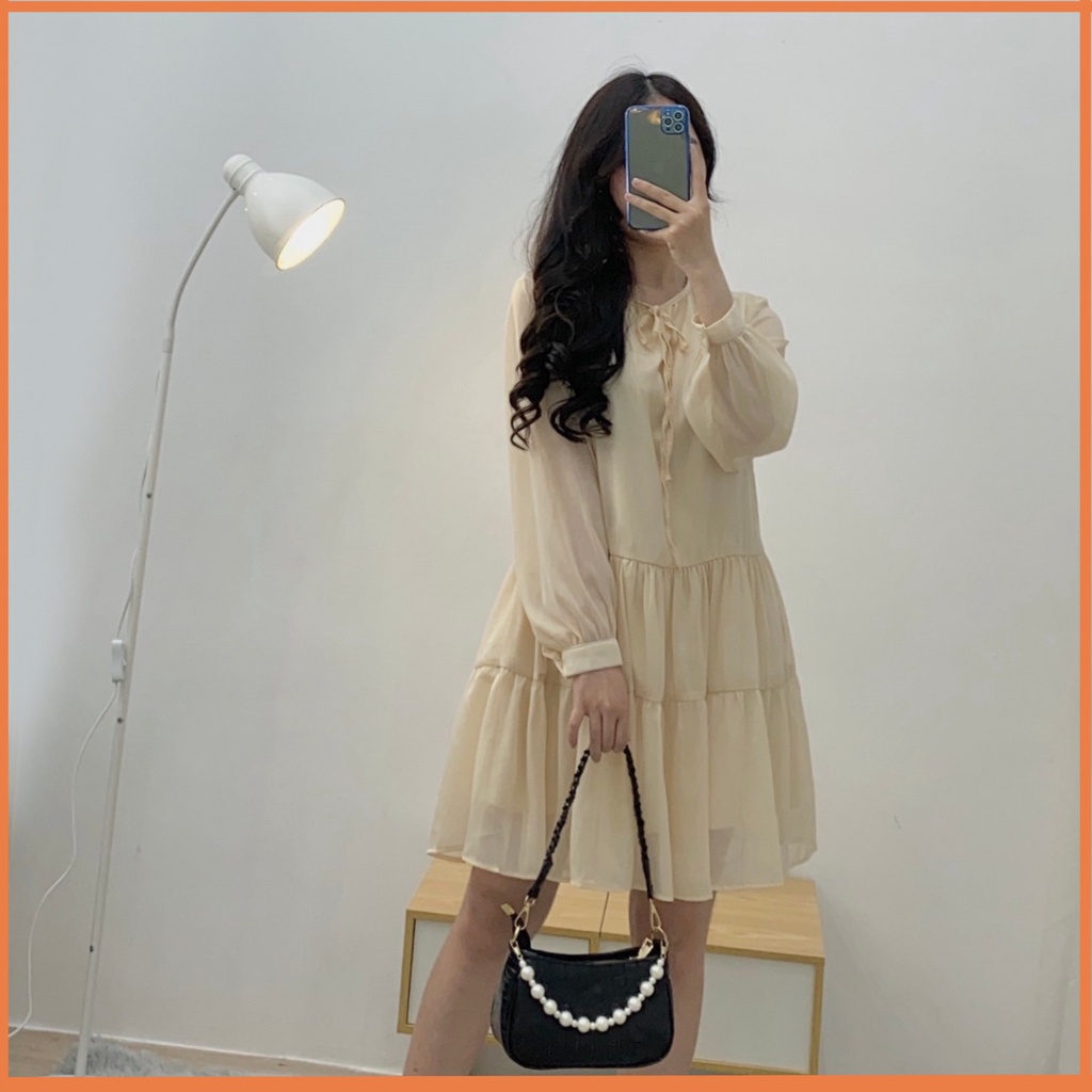 Váy Babydoll nữ dài tay phối nơ ngực [2 lớp] Đầm nữ bánh bèo chất tơ mịn V-BB | BigBuy360 - bigbuy360.vn