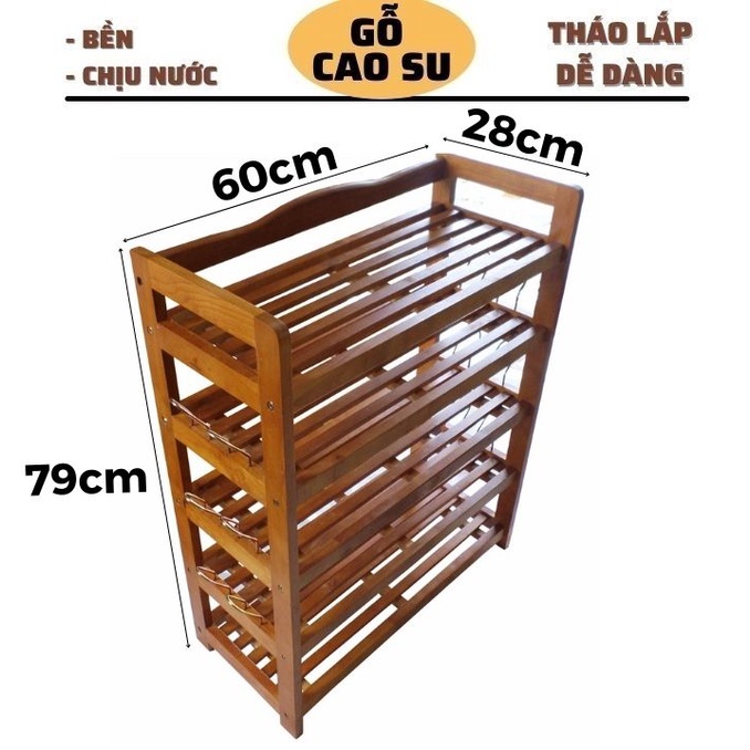 Kệ để giày dép phong cách Hàn Quốc 5 tầng tiện dụng rộng 60cm, sâu 28cm, cao 80cm bằng gỗ có móc sắt (Vàng cánh gián)