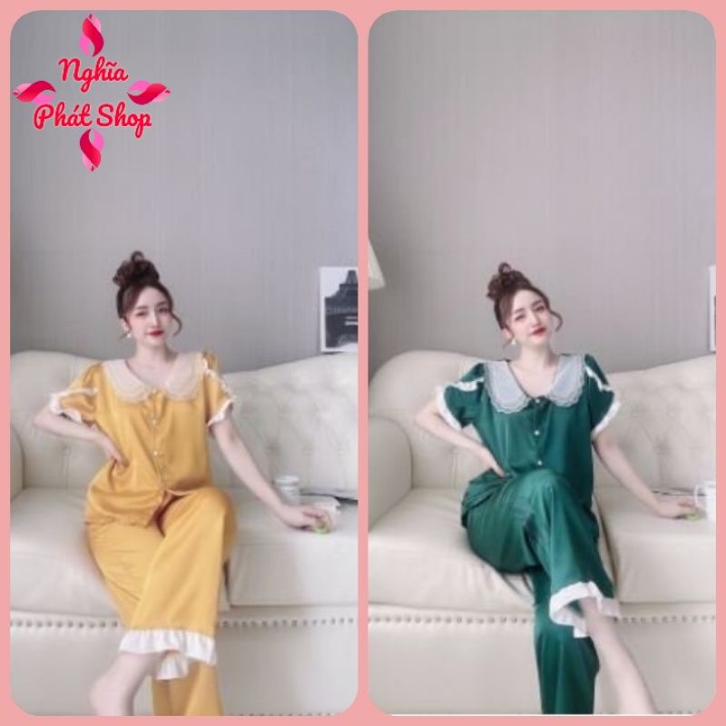 👉👉Sale!!!👉👉Đồ bộ lụa satin cao cấp cổ 3 lá phối ren tay ngắn quần dài 👉👉dễ thương đồ ngủ lụa satin có tay freesize