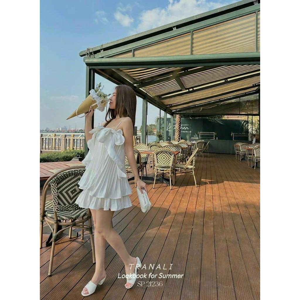 Đầm 2 dây lụa bóng dập ly phối nơ dáng babydoll phối bèo tầng 4 màu y hình siêu xinh