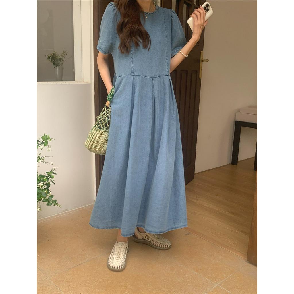 Đầm Denim Chui Đầu Cổ Tròn Ngắn Tay Thời Trang Sành Điệu 63899