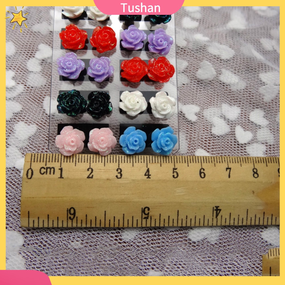 TUSH_12Pairs Lifelike Fake Colorful Rose Flower Charm Ear Stud Earrings Jewelry Gift