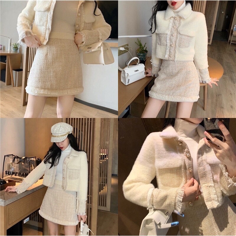 Áo khoác lông phối dạ tweed hàng qc