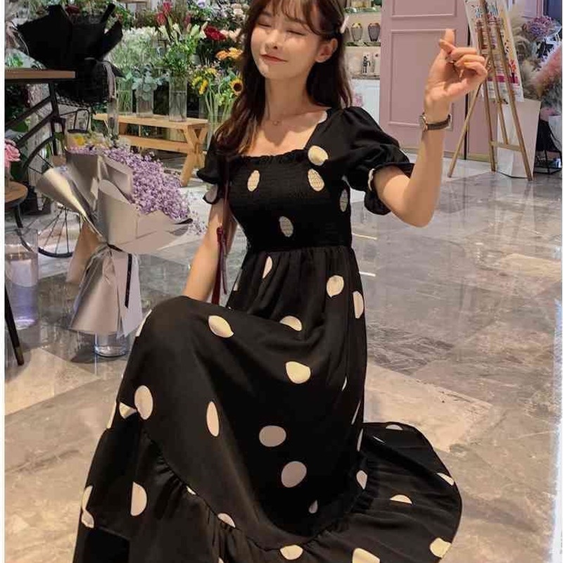 Đầm Tay Ngắn Họa Tiết Chấm Bi Dễ Thương 164182 Đầm Chiffon Dài Qua Gối Cổ Vuông Lưng Cao Thời Trang Cho Nữ