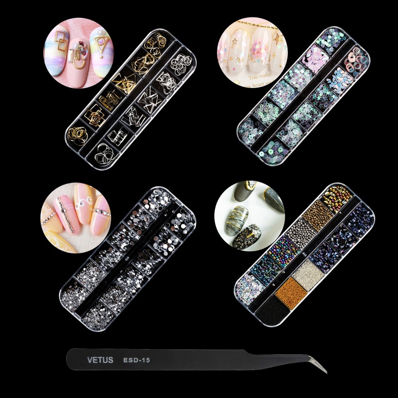 Hộp Phụ Kiện Đinh Tán Trang Trí Móng 3D Hình Ngôi Sao Mặt Trăng Tròn Tam Giác Đính Đá Vuông