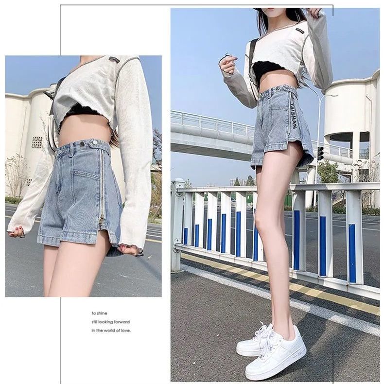 Quần Short Denim Ống Rộng Lưng Cao Thời Trang Mùa Hè 2021 Cho Nữ