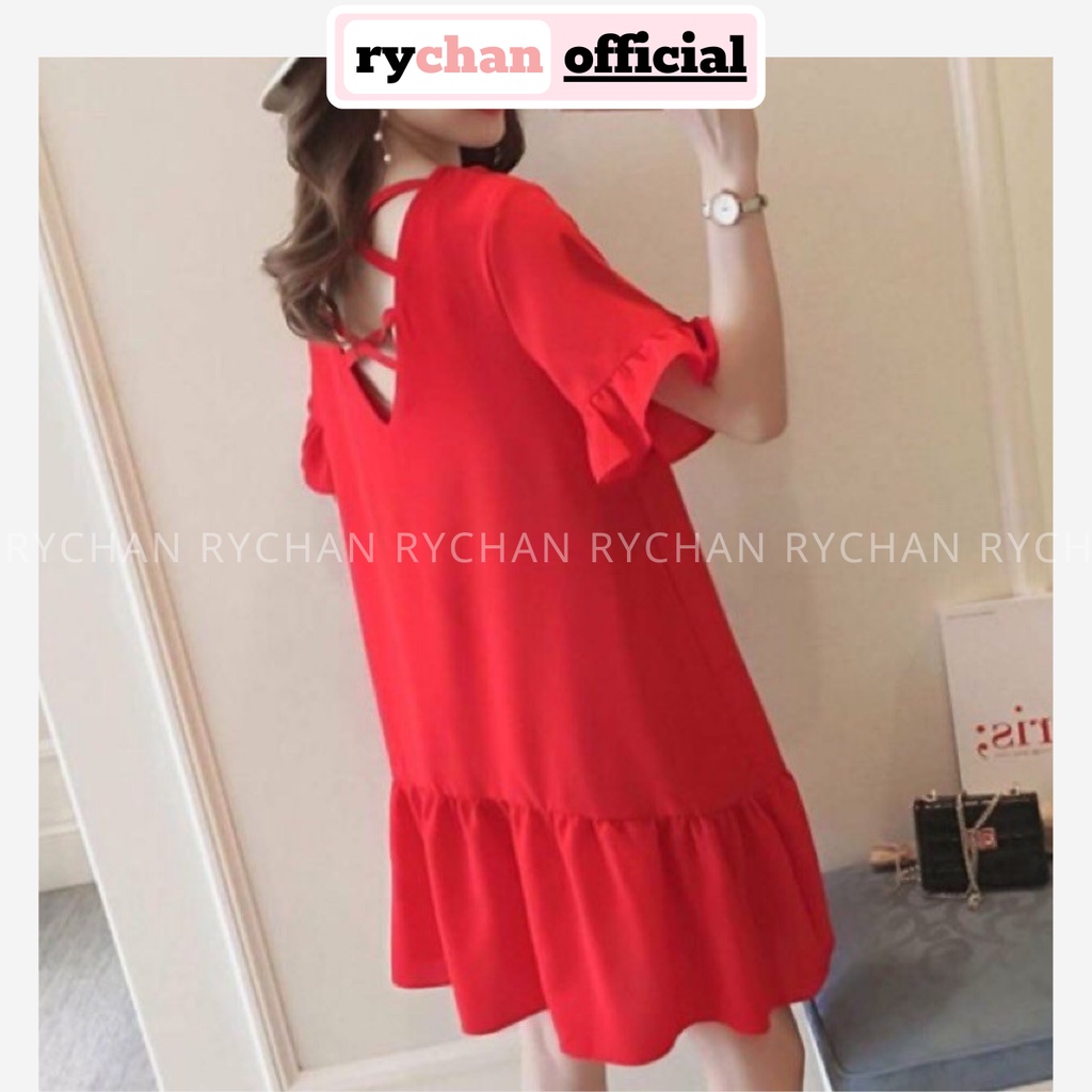 Đầm Nữ Tay Bèo Đuôi Cá Sau Thắt Nơ Màu Đỏ Form Rộng Rãi - DX9745