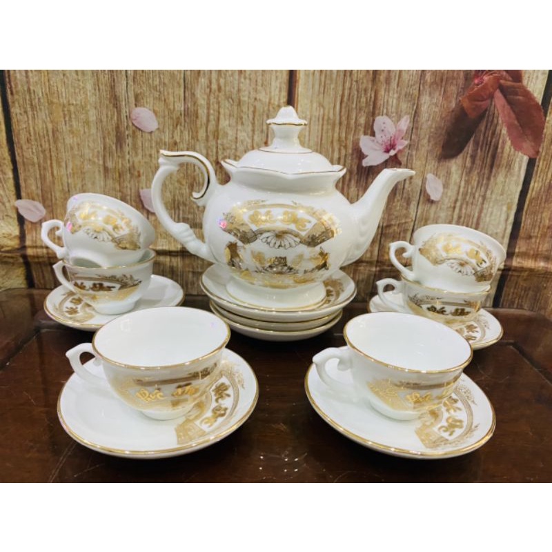 Ấm chén bát tràng - bộ đài các vẽ phúc đúc - ấm chén bát tràng