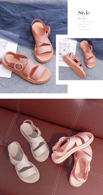 Giày Sandal Nữ Nhựa Dẻo Đi Mưa Hapu Quai Chéo Mang êm chân (Đen, Hồng, Kem) - GL008