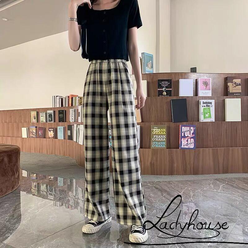 Quần Dài Ống Rộng Lưng Cao Họa Tiết Sọc Caro Thời Trang Cho Nữ