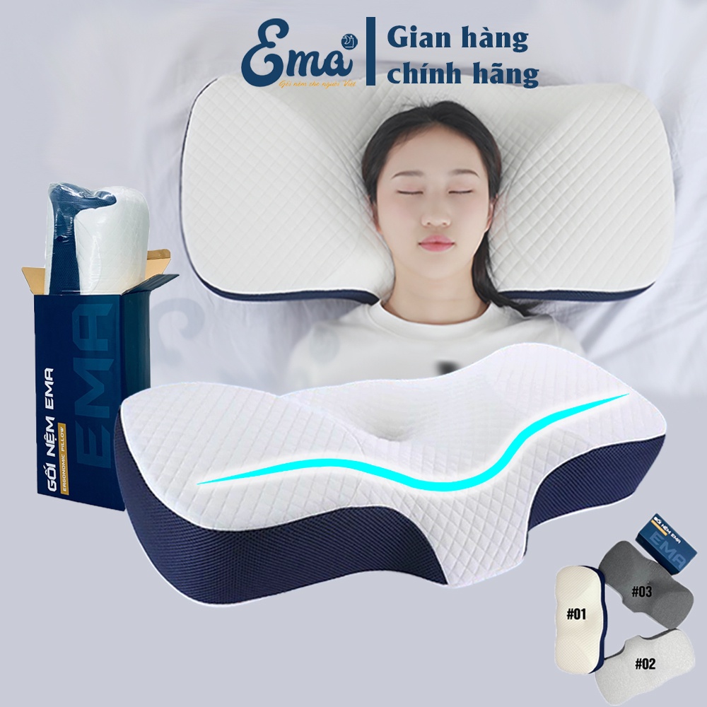 Gối ngủ công thái học EMA - Ruột cao su non, chống đau mỏi vai gáy, Giúp tư thế ngủ chuẩn khi nằm ngửa hay nghiêng,