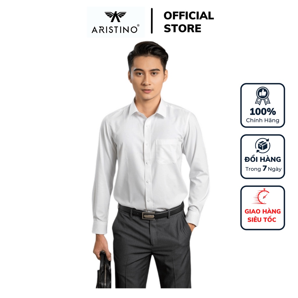 Áo sơ mi nam dài tay ARISTINO ALS26309 somi công sở vải sợi tre cao cấp màu trắng dệt hình dáng Suông tà lượn có túi