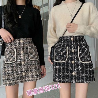 HV - Chân váy dạ kẻ khuy Ngọc 2 nắp túi B115