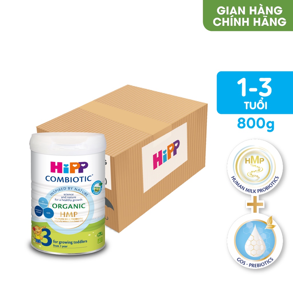 Thùng 6 lon Sữa bột công thức HiPP 3 Organic Combiotic 800g hỗ trợ tiêu hóa và tăng chiều cao (6 lon x 800g).