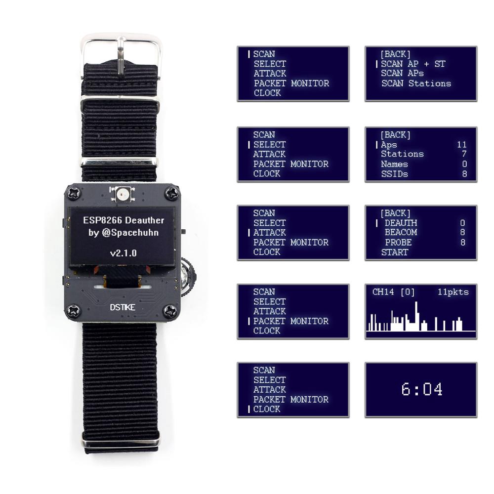DSTIKE Deauther Wristband WiFi Attack/Control/Test tool ESP-07 1.3OLED 600mAh battery RGB LED no PB ESP8266 development board